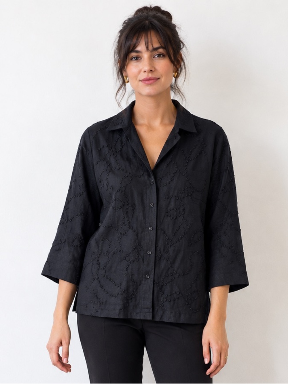 Jones New York Signature Black 100% Linen Embroidered Blouse L